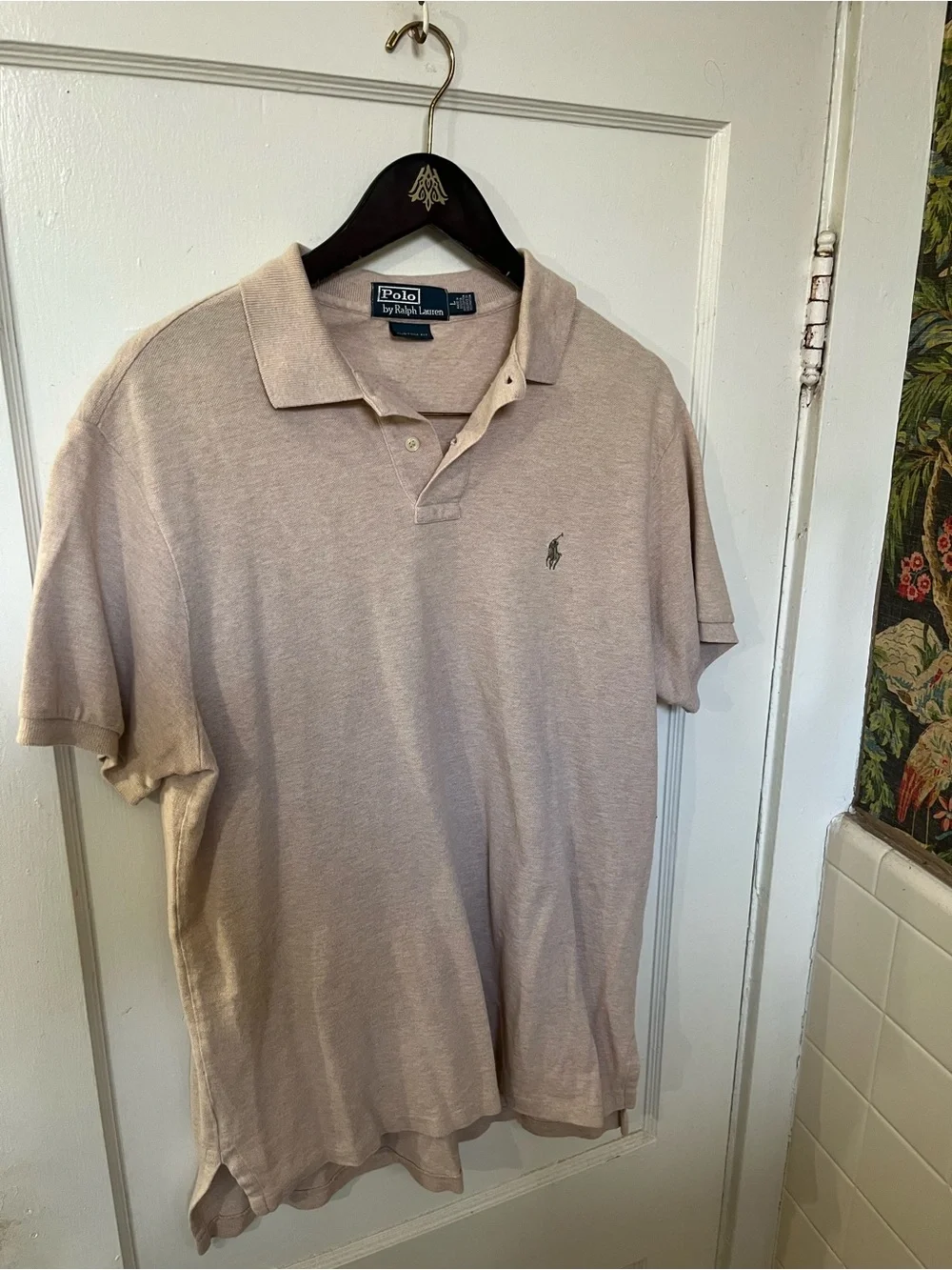 VTG Polo Ralph Lauren Custom Slim Fit Polo Shirt Large L Heather Tan Beige EUC